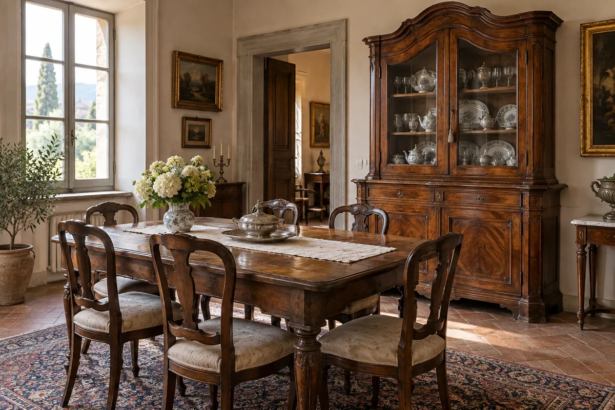 Arredamento antico completo con tavolo, sedie e credenza