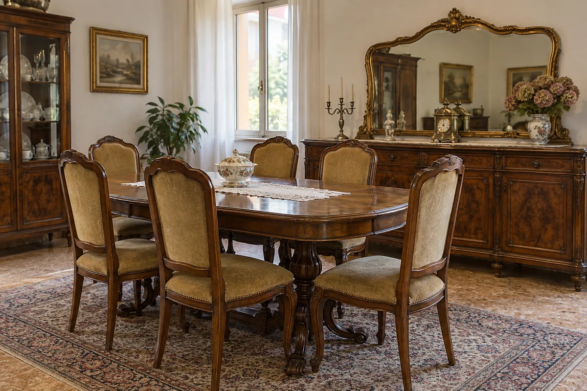 Sala da pranzo con tavolo, sedie e credenza