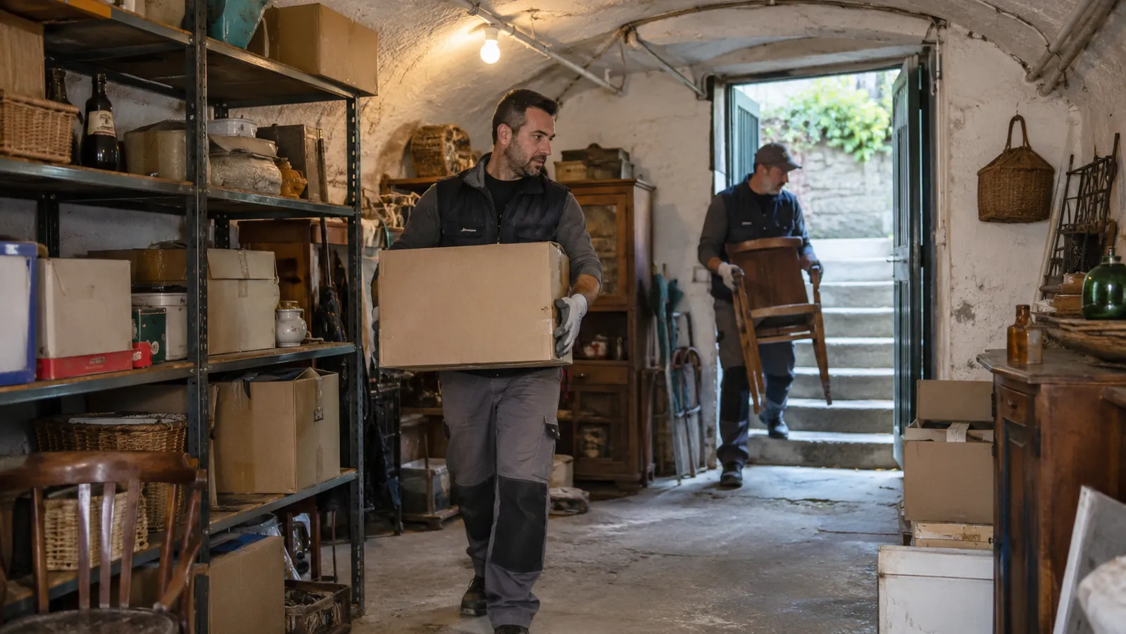 Esempio illustrativo di una cantina con scaffali e scatole