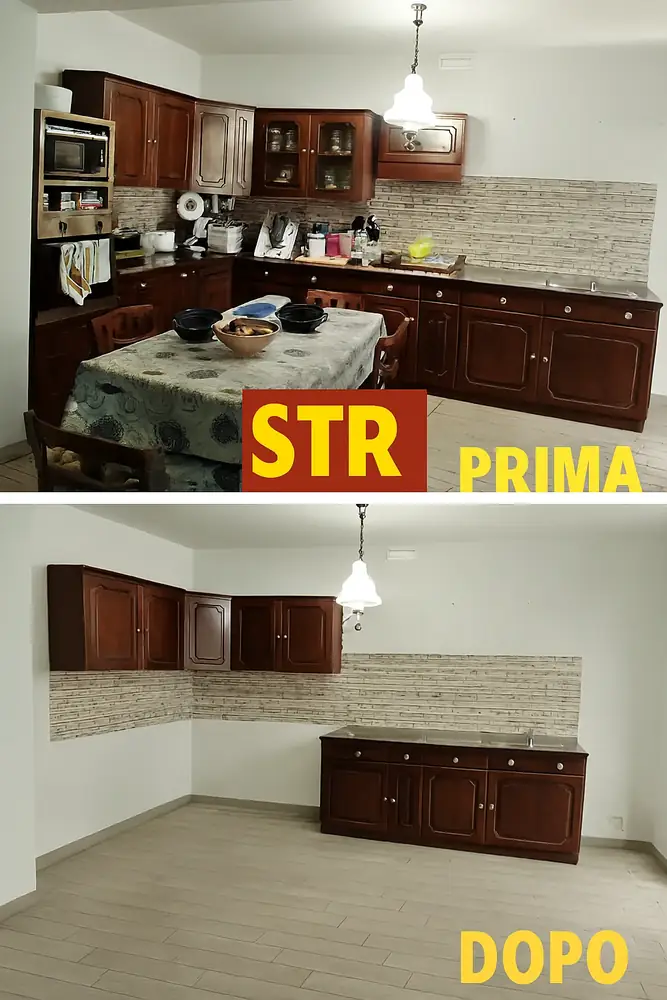 Cucina prima della rimozione degli arredi selezionati e dopo lo sgombero parziale