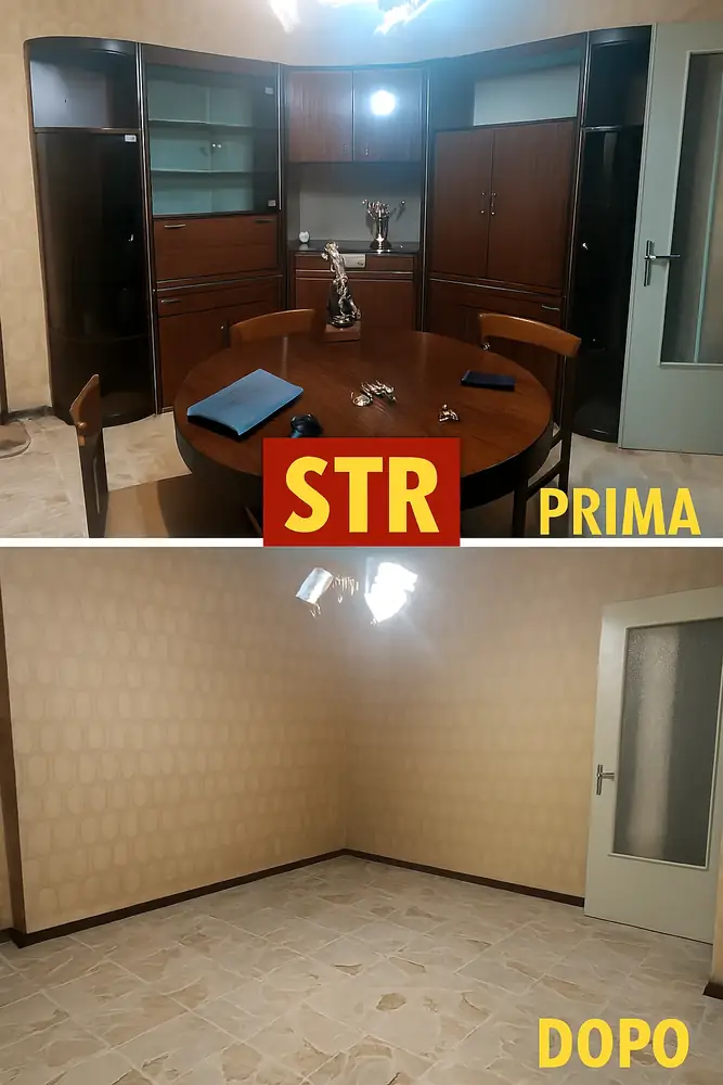 Sala con mobili da rimuovere e lo stesso ambiente dopo lo sgombero