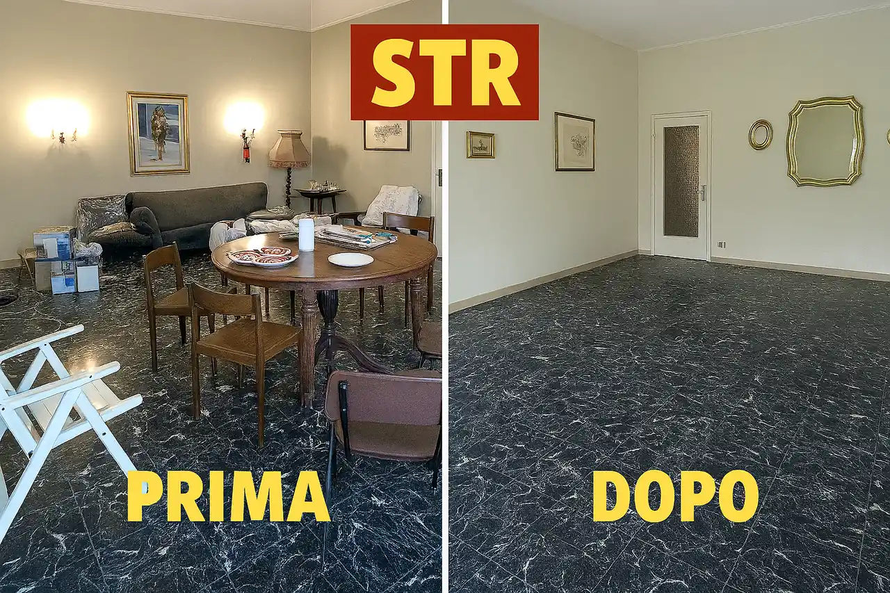 Soggiorno arredato prima dello sgombero e ambiente liberato dopo