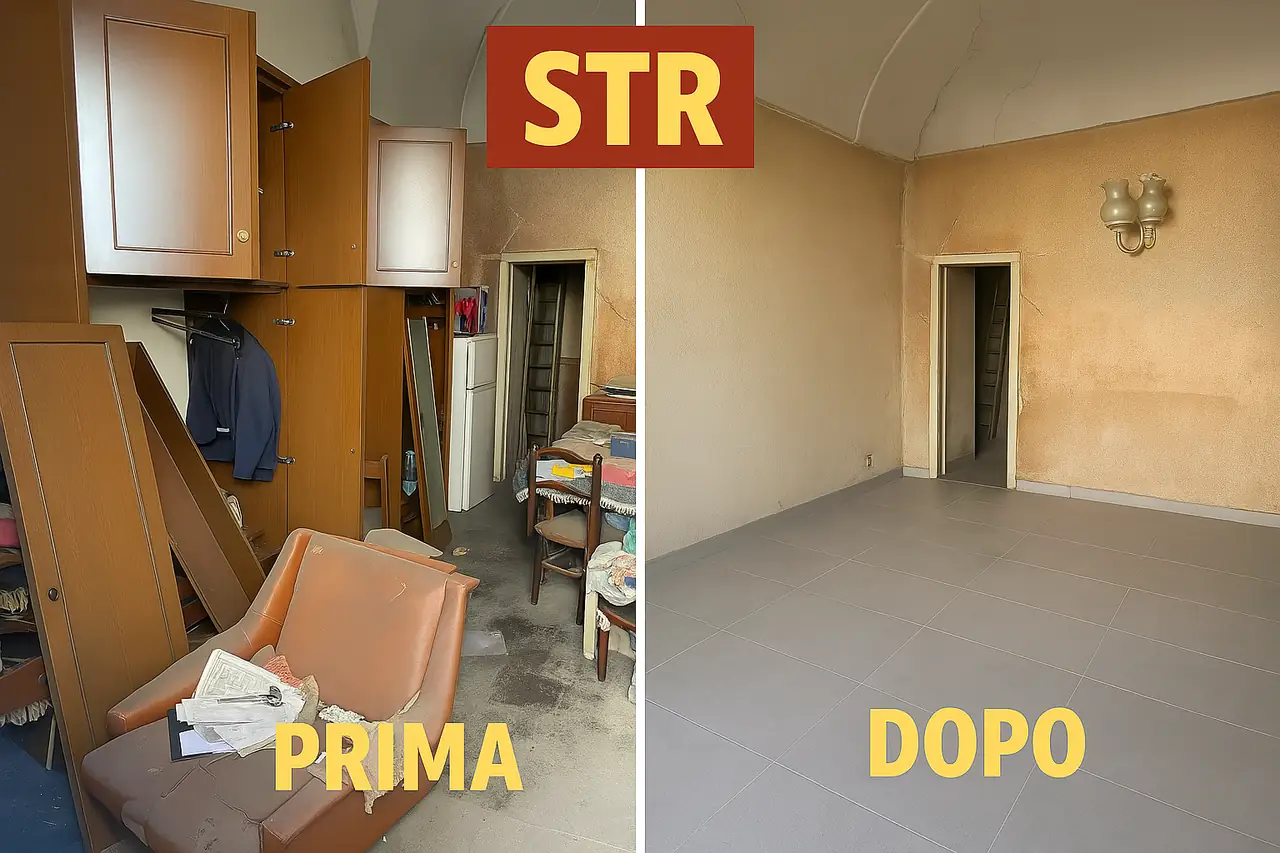 Una stanza con mobili e materiali prima dello sgombero e libera dopo l’intervento