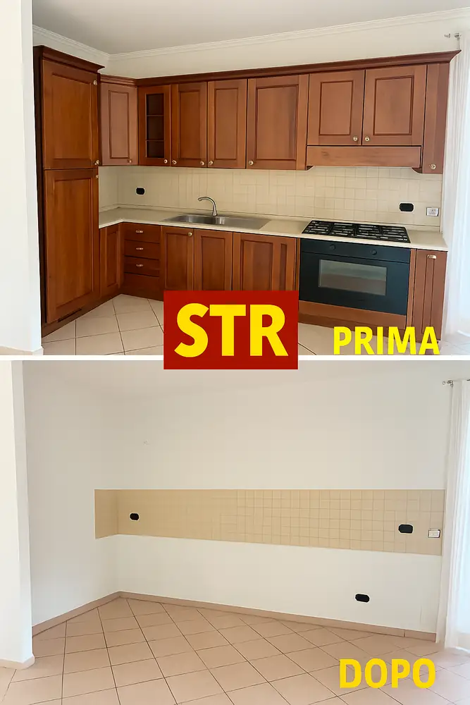Arredamento della cucina prima della rimozione e parete liberata dopo